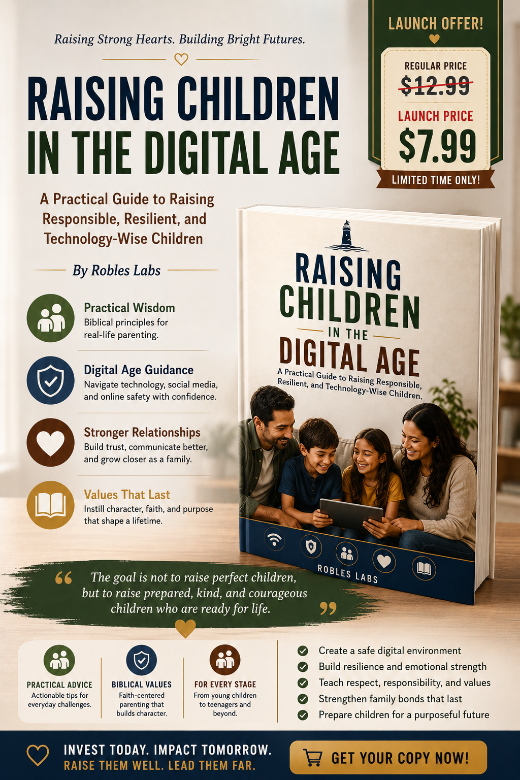 Raising Children in the Digital Age launch poster with the $7.99 launch offer